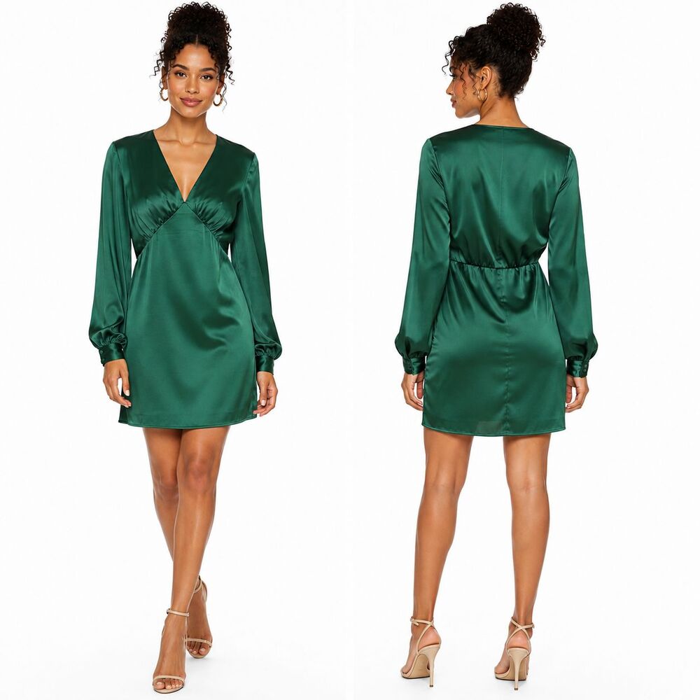 H&M Green Satin Feel Mini Dress Long Sleeve V Neck Empire Waist Women's Small